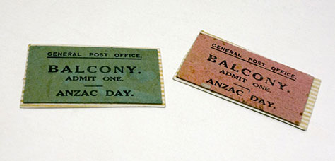 Tickets to Brisbane General Post Office Balcony, ANZAC Day, Queensland Museum