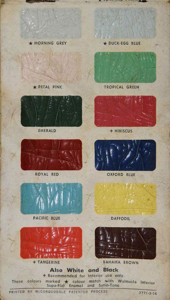 Color palette showcasing various paint options including Royal Red, Emerald, and Petal Pink, with textured surface samples and names for each color.