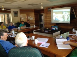 Tony Coonen and Janelle Insley from Cobb and Co Museum present to the Tablelands Heritage Network via Skype at Malanda, Far North Queensland. Photo: Gwyneth Nevard.