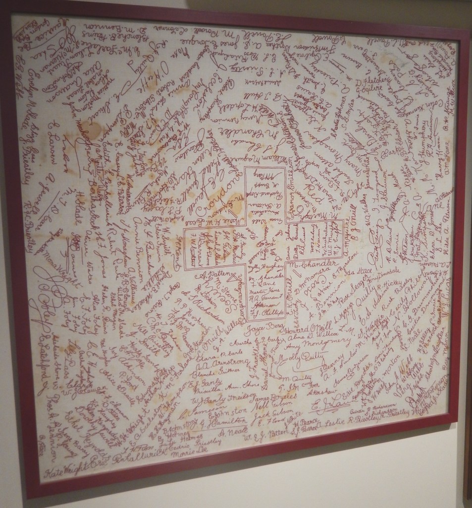 Croydon Red Cross Society Signature Cloth. The Hughes family from Croydon were involved in the production of this item. Prior to being part of the Croydon Shire Council Heritage Collection at the True Blue Information Centre, it was displayed at the local Club Hotel.